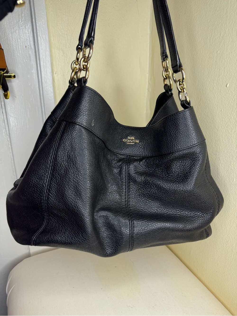 Coach Lexy Black Pebbled Leather Shoulder Hobo with Gold Hardware